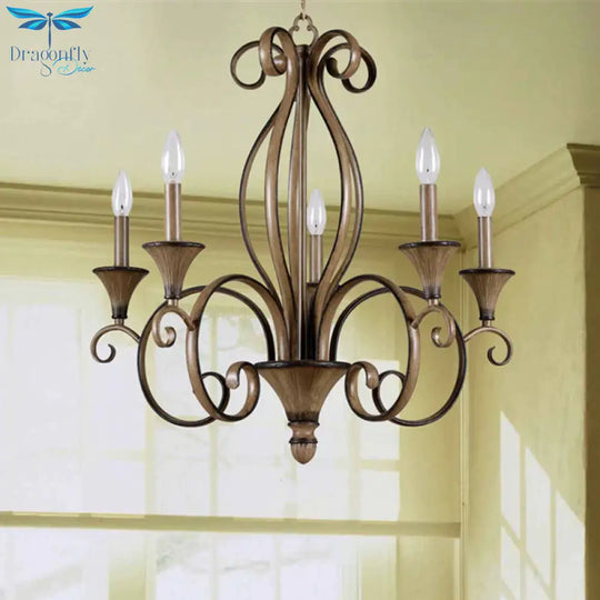 Metal Wood Pendant Lighting Swirled Arm 5 Lights Countryside Chandelier Lamp