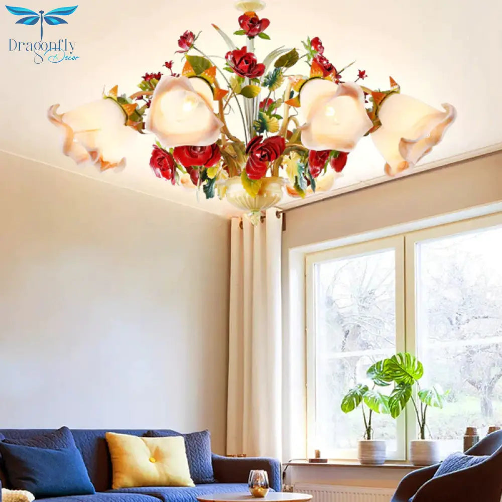 Metal Yellow Chandelier Lighting Fixture Rose 5/8 Bulbs Pastoral Style Led Hanging Ceiling Light