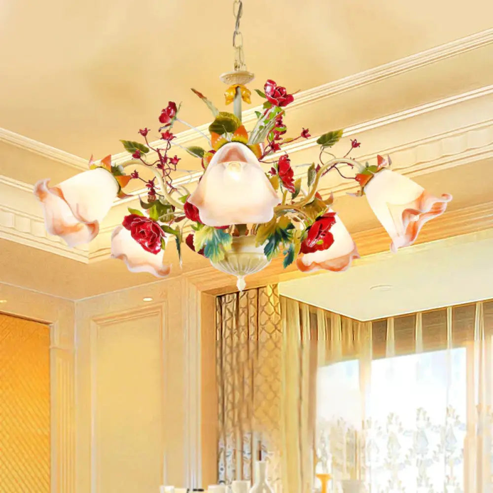 Metal Yellow Chandelier Lighting Fixture Rose 5/8 Bulbs Pastoral Style Led Hanging Ceiling Light