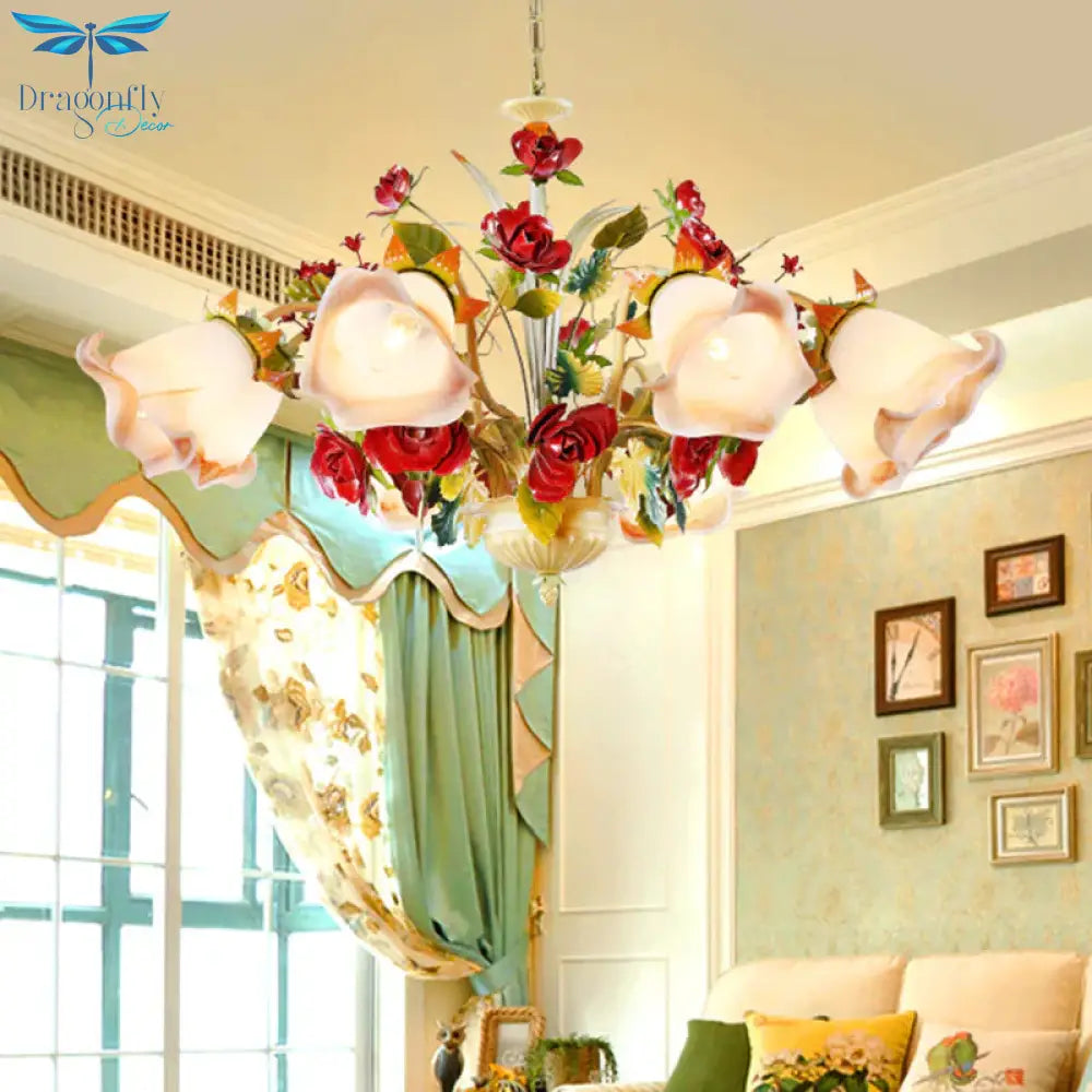 Metal Yellow Chandelier Lighting Fixture Rose 5/8 Bulbs Pastoral Style Led Hanging Ceiling Light