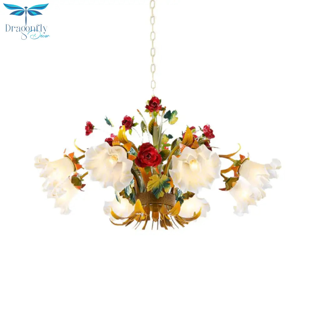 Metal Yellow Chandelier Lighting Flower 3/6/8 Bulbs Vintage Led Hanging Light For Living Room