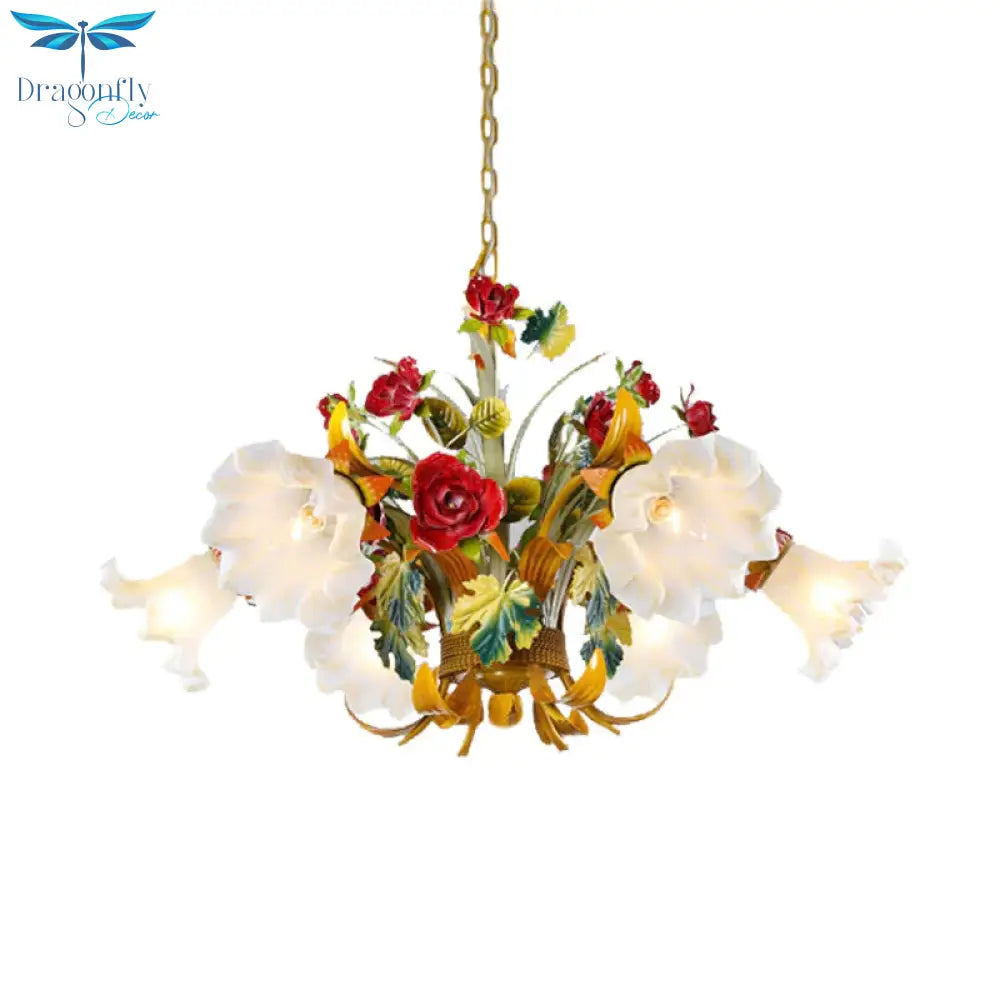 Metal Yellow Chandelier Lighting Flower 3/6/8 Bulbs Vintage Led Hanging Light For Living Room