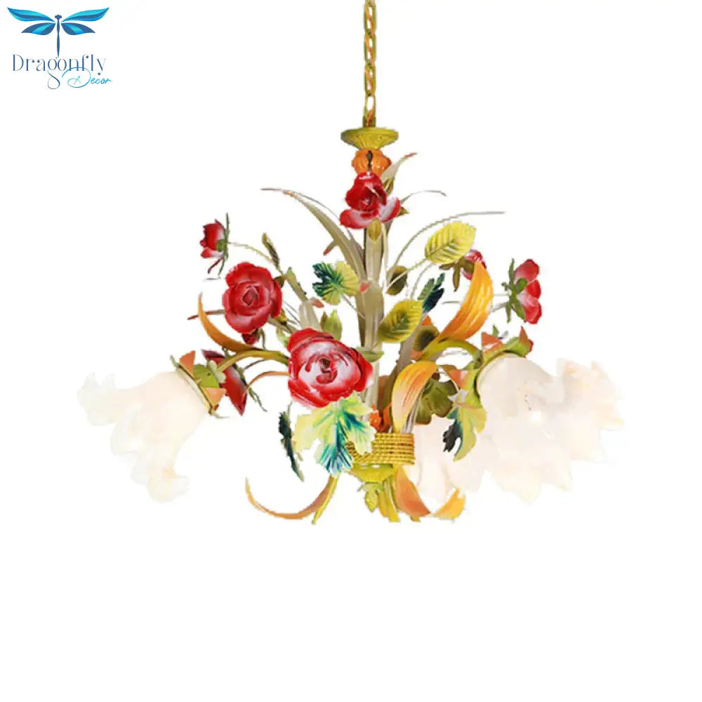 Metal Yellow Chandelier Lighting Flower 3/6/8 Bulbs Vintage Led Hanging Light For Living Room