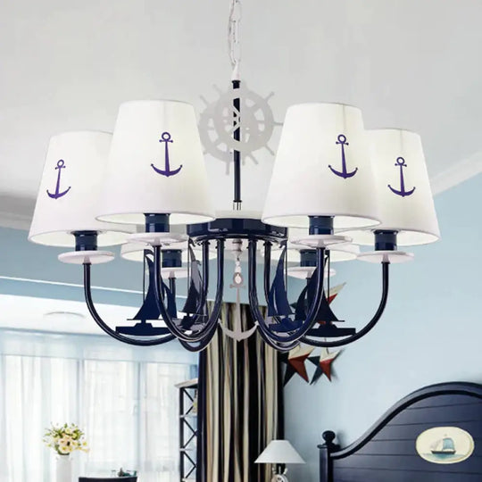 Metallic Arched Arm Pendant Ceiling Light Kids 5/6 Bulbs Blue Hanging Chandelier With Tapered White