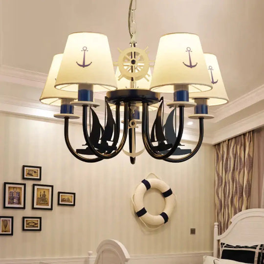 Metallic Arched Arm Pendant Ceiling Light Kids 5/6 Bulbs Blue Hanging Chandelier With Tapered White