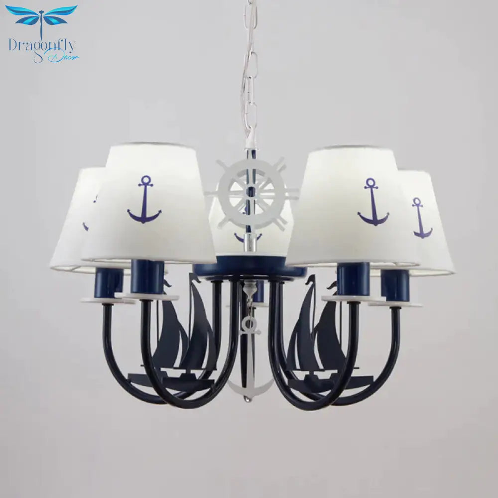 Metallic Arched Arm Pendant Ceiling Light Kids 5/6 Bulbs Blue Hanging Chandelier With Tapered White