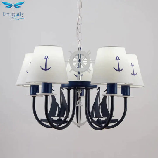 Metallic Arched Arm Pendant Ceiling Light Kids 5/6 Bulbs Blue Hanging Chandelier With Tapered White