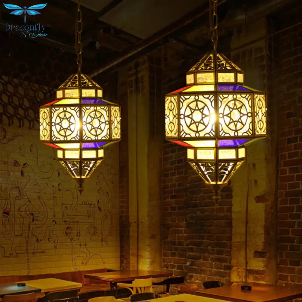 Metallic Brass Pendant Light Lantern 1 - Head Southeast Asia Hanging Lamp With Clear Glass Shade