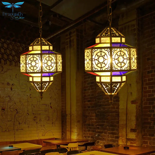 Metallic Brass Pendant Light Lantern 1 - Head Southeast Asia Hanging Lamp With Clear Glass Shade