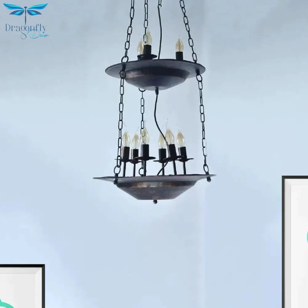 Metallic Candle&amp;Saucer Chandelier Bookstore Cafe Industrial Style Pendant Lamp In Rust
