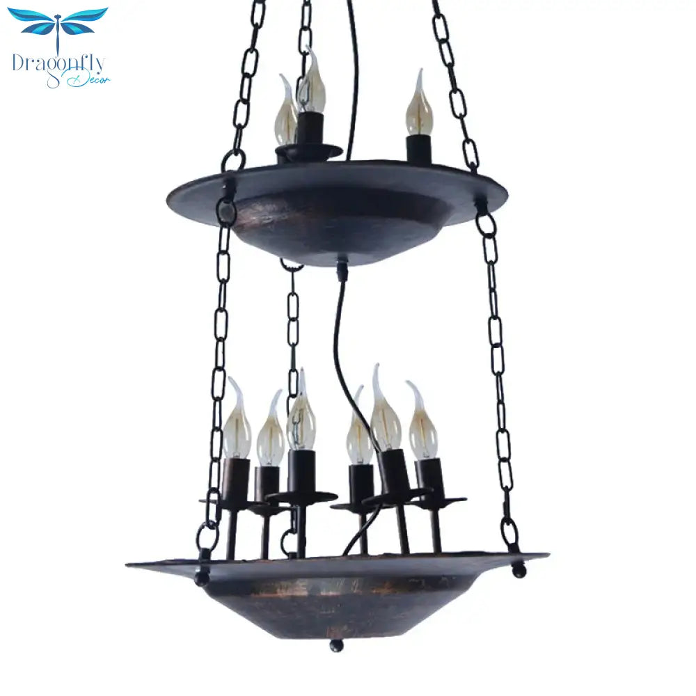 Metallic Candle&amp;Saucer Chandelier Bookstore Cafe Industrial Style Pendant Lamp In Rust