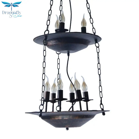 Metallic Candle&amp;Saucer Chandelier Bookstore Cafe Industrial Style Pendant Lamp In Rust