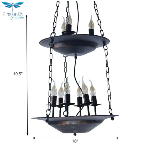Metallic Candle&amp;Saucer Chandelier Bookstore Cafe Industrial Style Pendant Lamp In Rust
