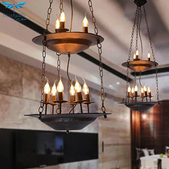 Metallic Candle&amp;Saucer Chandelier Bookstore Cafe Industrial Style Pendant Lamp In Rust