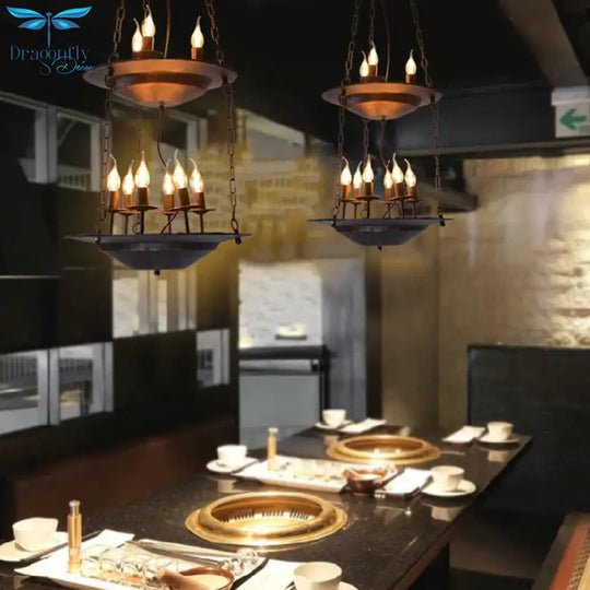 Metallic Candle&amp;Saucer Chandelier Bookstore Cafe Industrial Style Pendant Lamp In Rust