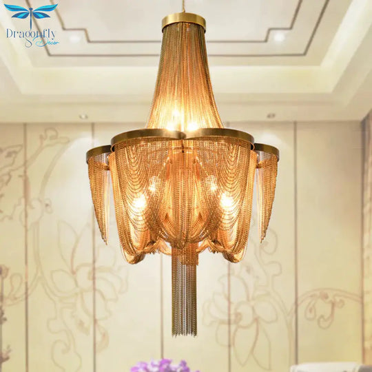 Metallic Chain Chandelier Lighting Fixture Rural 6 Lights Living Room Hanging Ceiling Light In