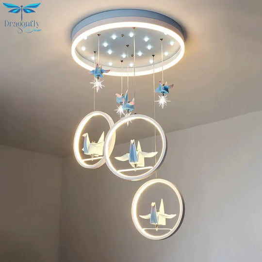 Metallic Circular Hanging Chandelier Kids Led Pendant Light In Blue With Paper Cranes Decor