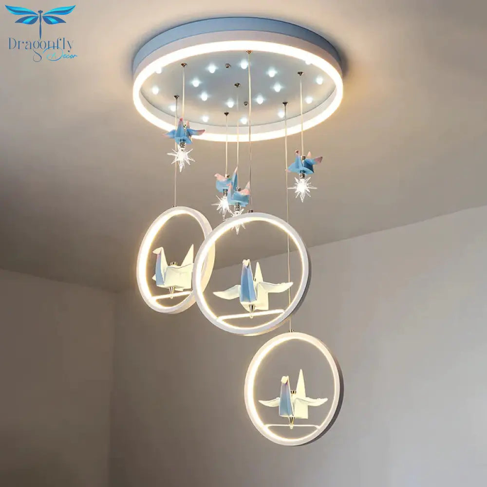 Metallic Circular Hanging Chandelier Kids Led Pendant Light In Blue With Paper Cranes Decor