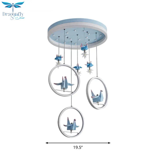 Metallic Circular Hanging Chandelier Kids Led Pendant Light In Blue With Paper Cranes Decor