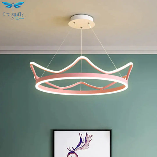 Metallic Crown Shape Suspension Light Nordic Led Pendant Chandelier In Pink/Gold For Kids Bedroom