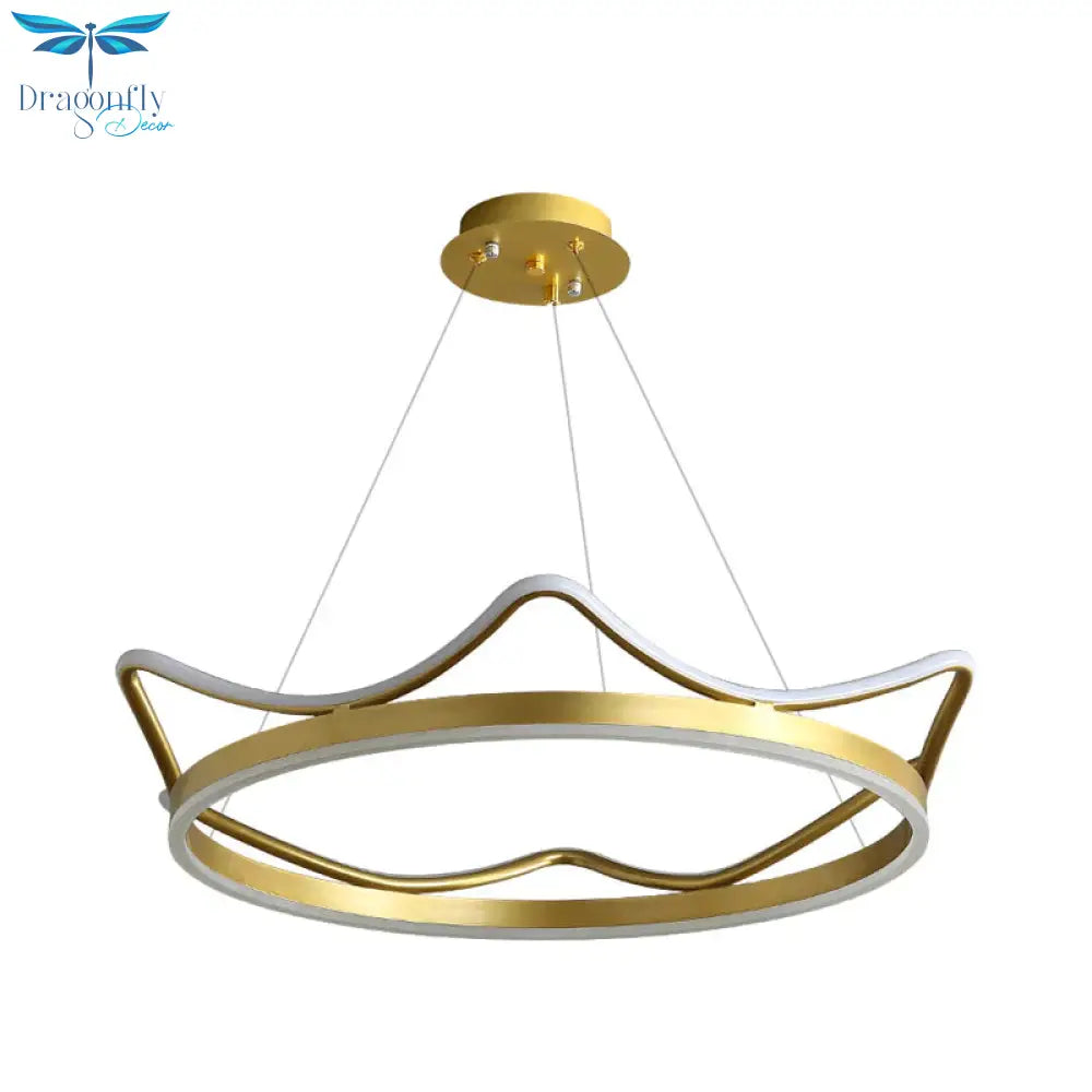 Metallic Crown Shape Suspension Light Nordic Led Pendant Chandelier In Pink/Gold For Kids Bedroom