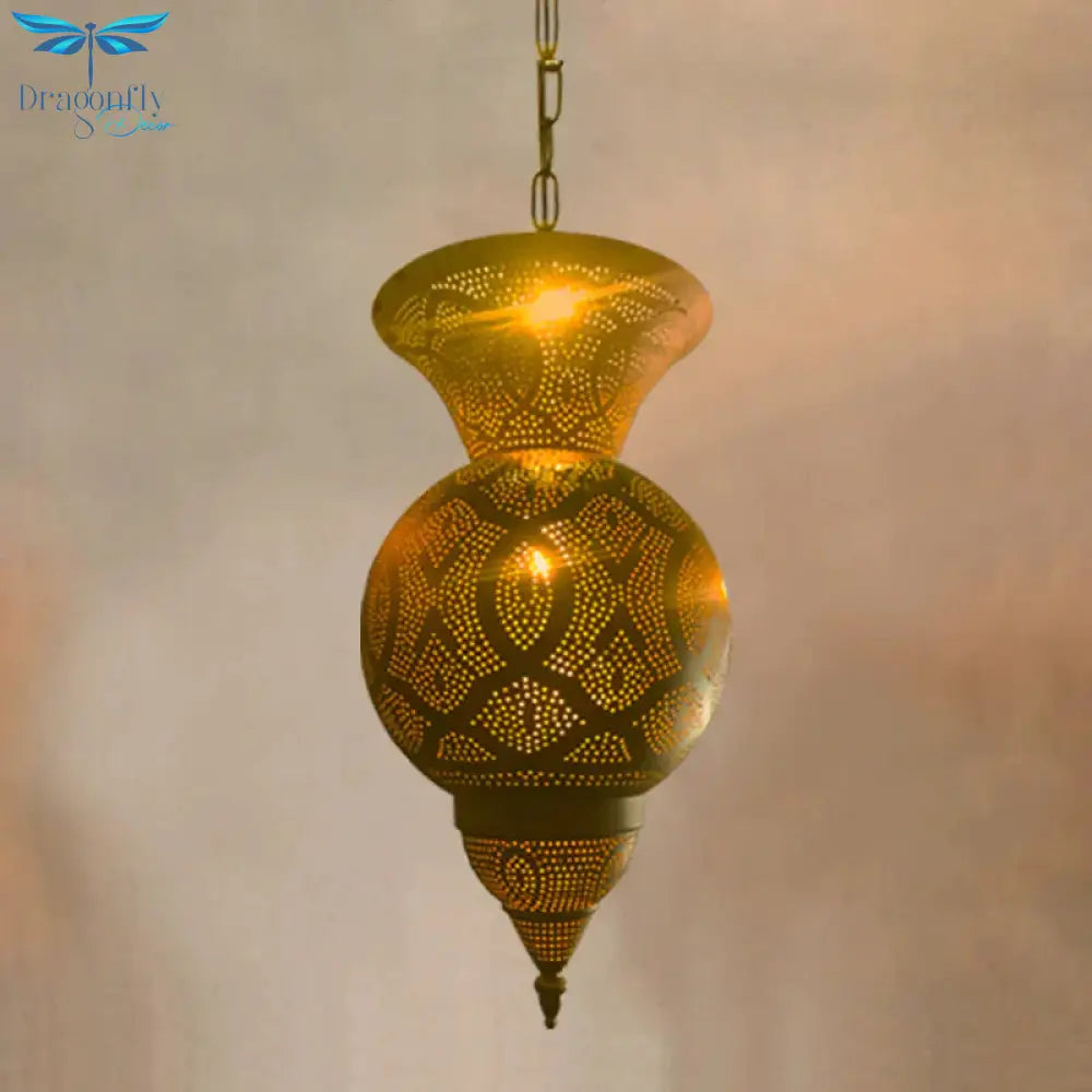 Metallic Vase/Gourd Pendant Lamp Vintage 3 - Head Coffee House Hanging Chandelier In Brass