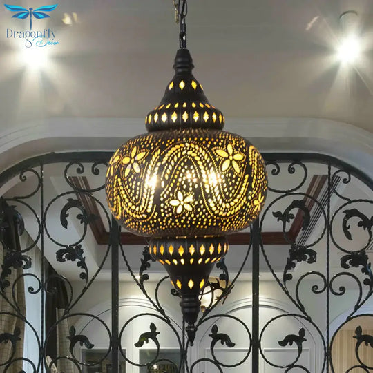 Metallic Vase/Gourd Pendant Lamp Vintage 3 - Head Coffee House Hanging Chandelier In Brass