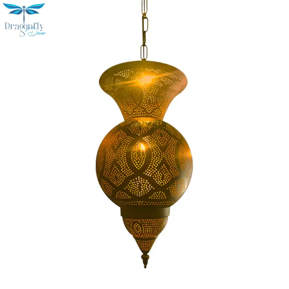 Metallic Vase/Gourd Pendant Lamp Vintage 3 - Head Coffee House Hanging Chandelier In Brass