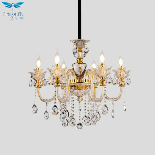 Mid - Century Candle Chandelier 6 Heads Clear Crystal Suspension Pendant Light In Gold For Bedroom