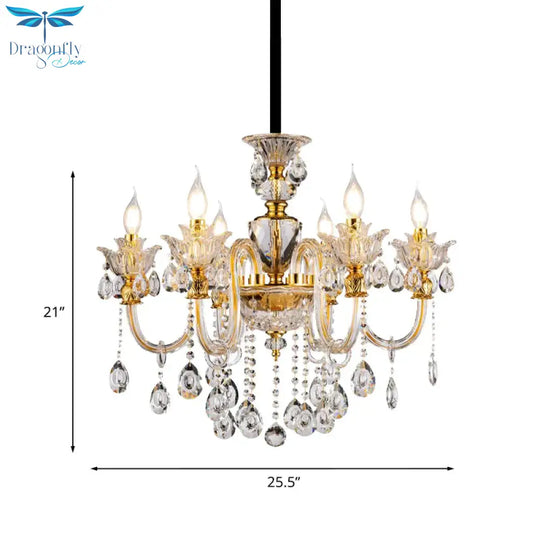 Mid - Century Candle Chandelier 6 Heads Clear Crystal Suspension Pendant Light In Gold For Bedroom