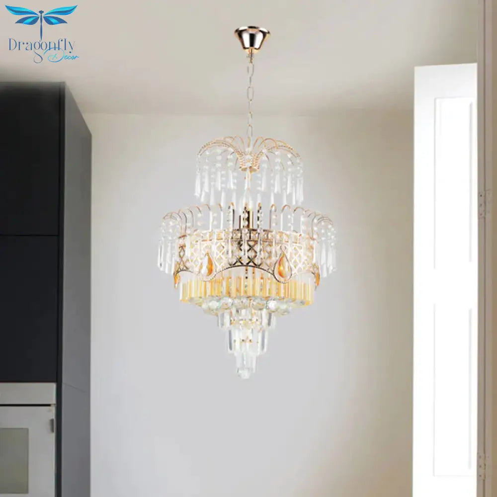 Mid - Century Curved Arm Hanging Chandelier 3 Heads Clear Crystal Draping Pendant Light Kit
