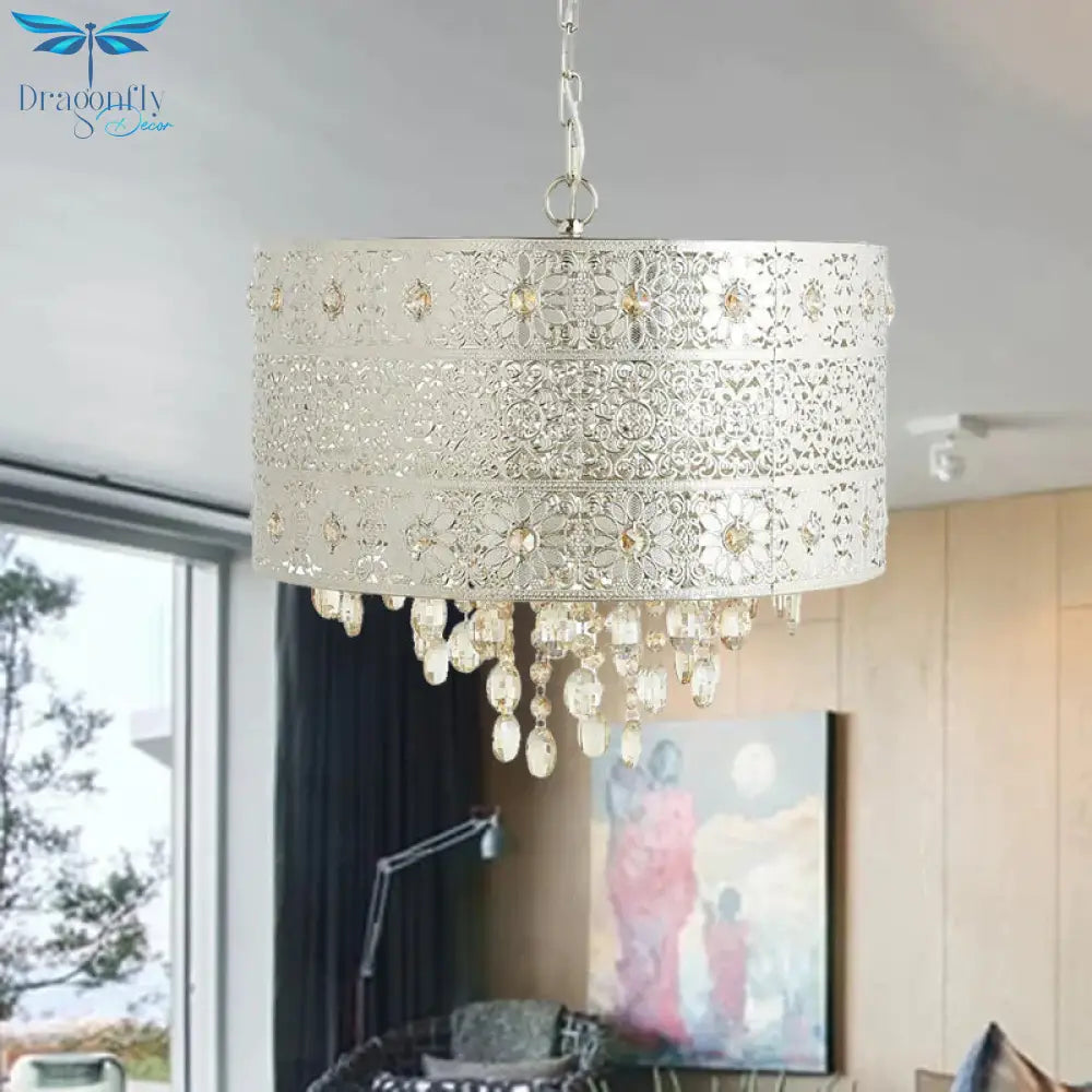 Mid - Century Drum Ceiling Chandelier Clear K9 Crystal 4 Bulbs Dining Table Pendant Lamp In Silver
