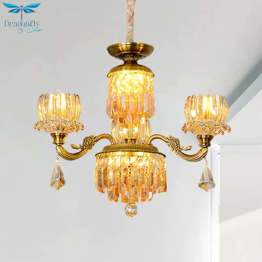 Mid Century Floral Ceiling Chandelier 3 Heads Amber Crystal Pendulum Light In Brass