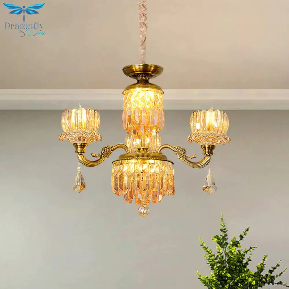 Mid Century Floral Ceiling Chandelier 3 Heads Amber Crystal Pendulum Light In Brass