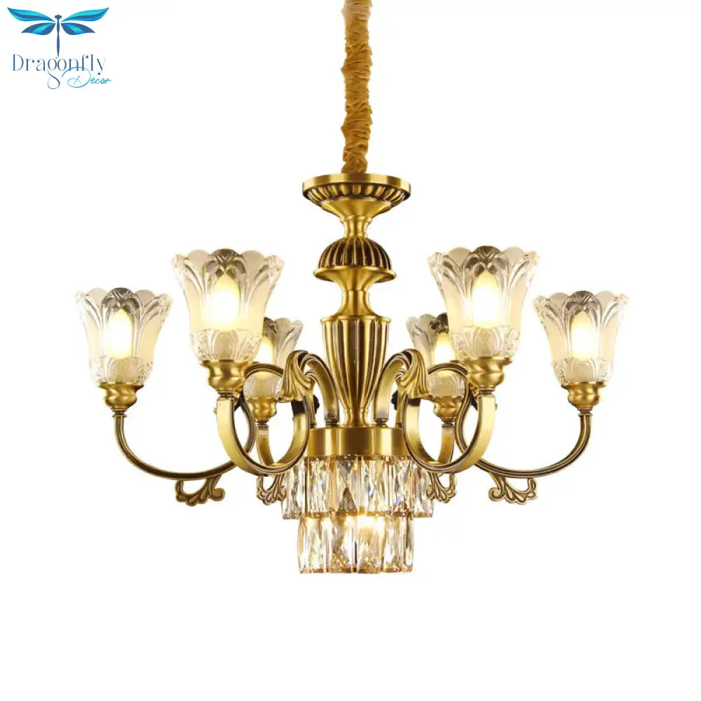 Mid - Century Floral Shade Pendant Chandelier 9 - Head Prismatic Optical Crystal Pendulum Light In