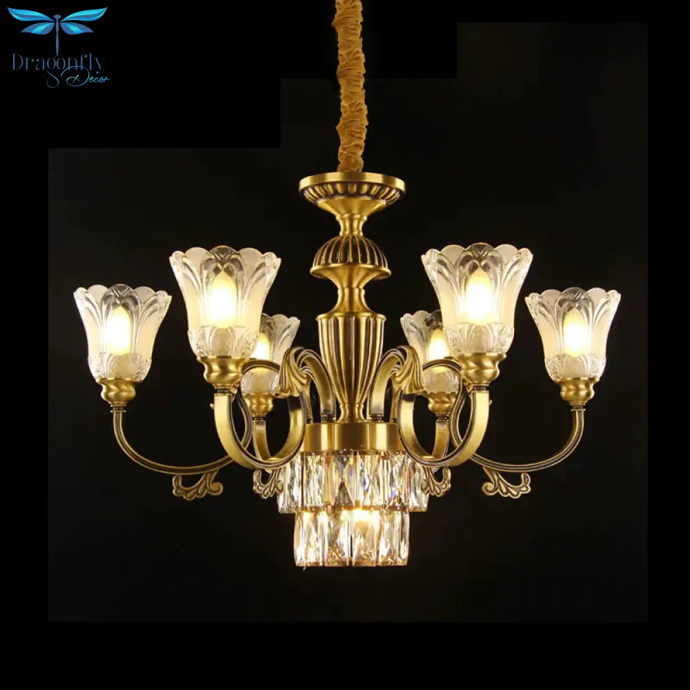 Mid - Century Floral Shade Pendant Chandelier 9 - Head Prismatic Optical Crystal Pendulum Light In
