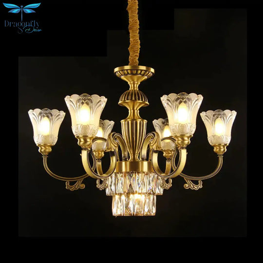 Mid - Century Floral Shade Pendant Chandelier 9 - Head Prismatic Optical Crystal Pendulum Light In