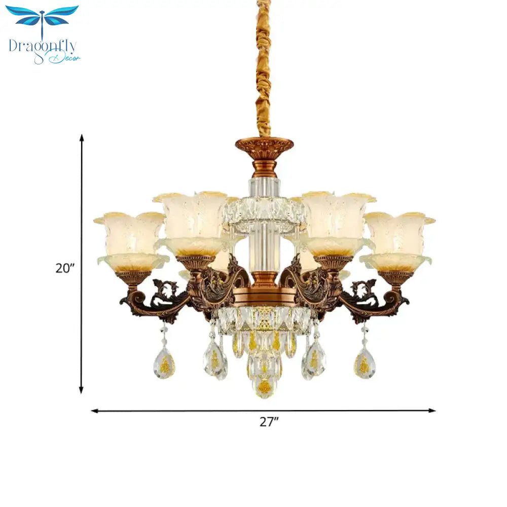 Mid Century Flower Chandelier Lighting Frosted Glass 6 Lights Living Room Pendulum Lamp In Brown