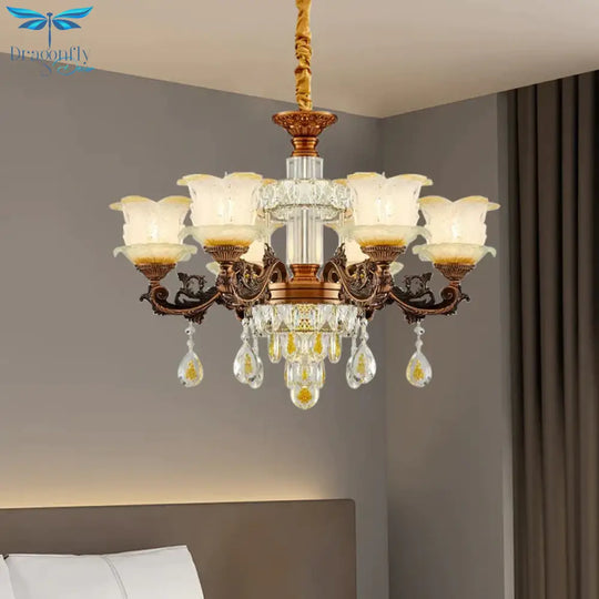 Mid Century Flower Chandelier Lighting Frosted Glass 6 Lights Living Room Pendulum Lamp In Brown