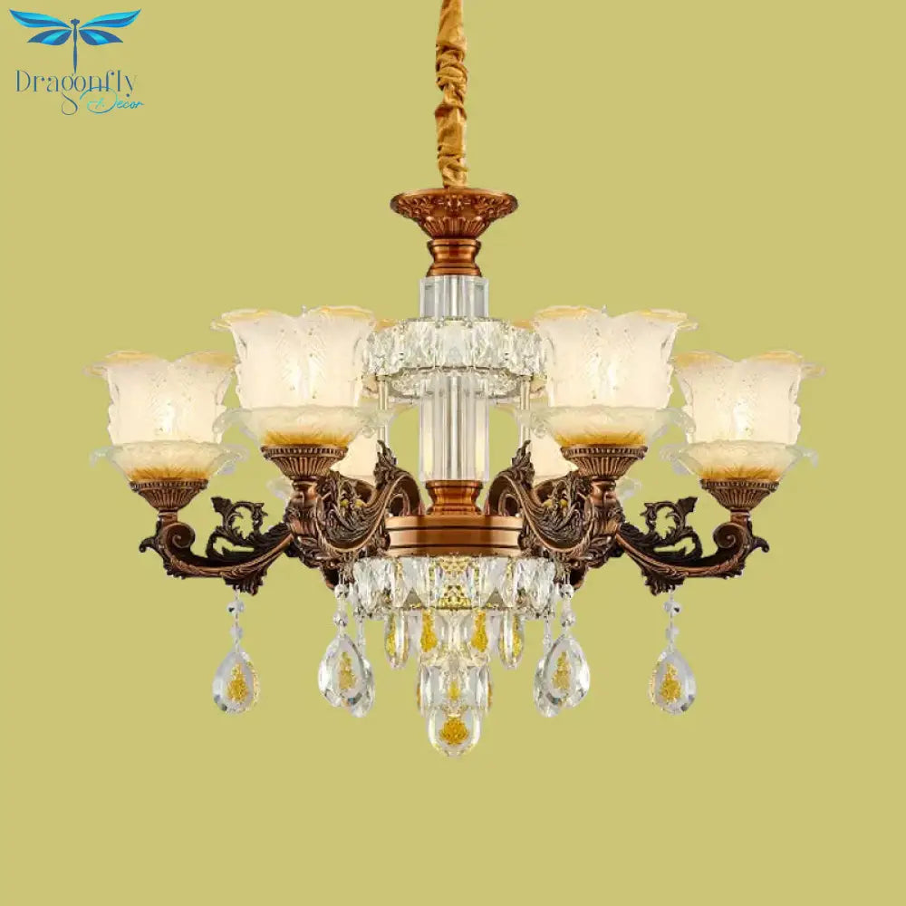 Mid Century Flower Chandelier Lighting Frosted Glass 6 Lights Living Room Pendulum Lamp In Brown