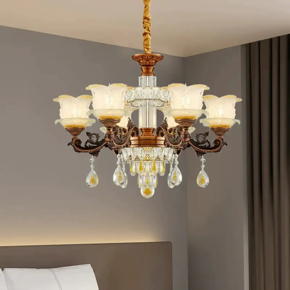 Mid Century Flower Chandelier Lighting Frosted Glass 6 Lights Living Room Pendulum Lamp In Brown