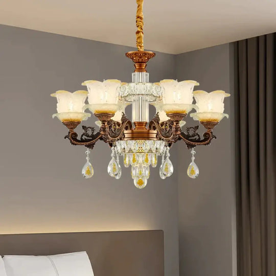 Mid Century Flower Chandelier Lighting Frosted Glass 6 Lights Living Room Pendulum Lamp In Brown