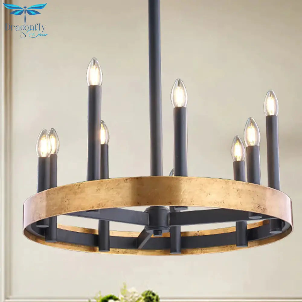 Mid - Century Wheel Chandelier 9/12 Heads Metal Ceiling Suspension Lamp In Black - Gold With Candle