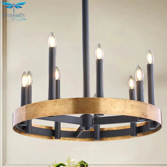 Mid - Century Wheel Chandelier 9/12 Heads Metal Ceiling Suspension Lamp In Black - Gold With Candle