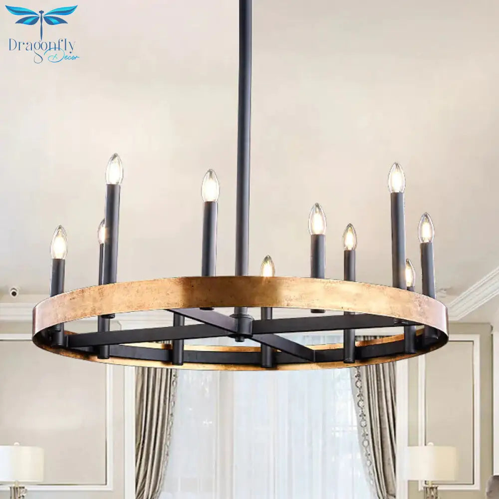 Mid - Century Wheel Chandelier 9/12 Heads Metal Ceiling Suspension Lamp In Black - Gold With Candle