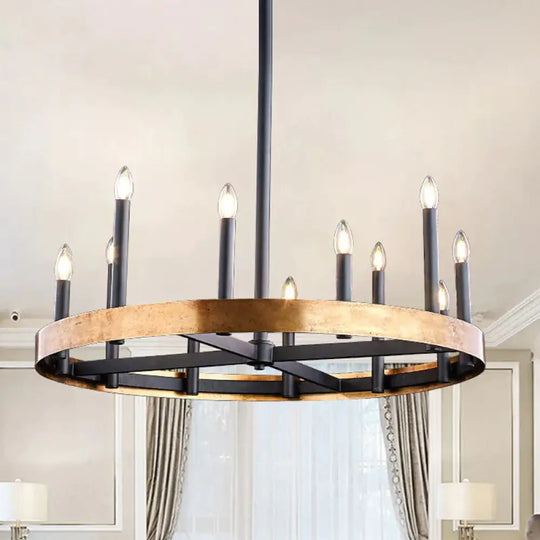 Mid - Century Wheel Chandelier 9/12 Heads Metal Ceiling Suspension Lamp In Black - Gold With Candle