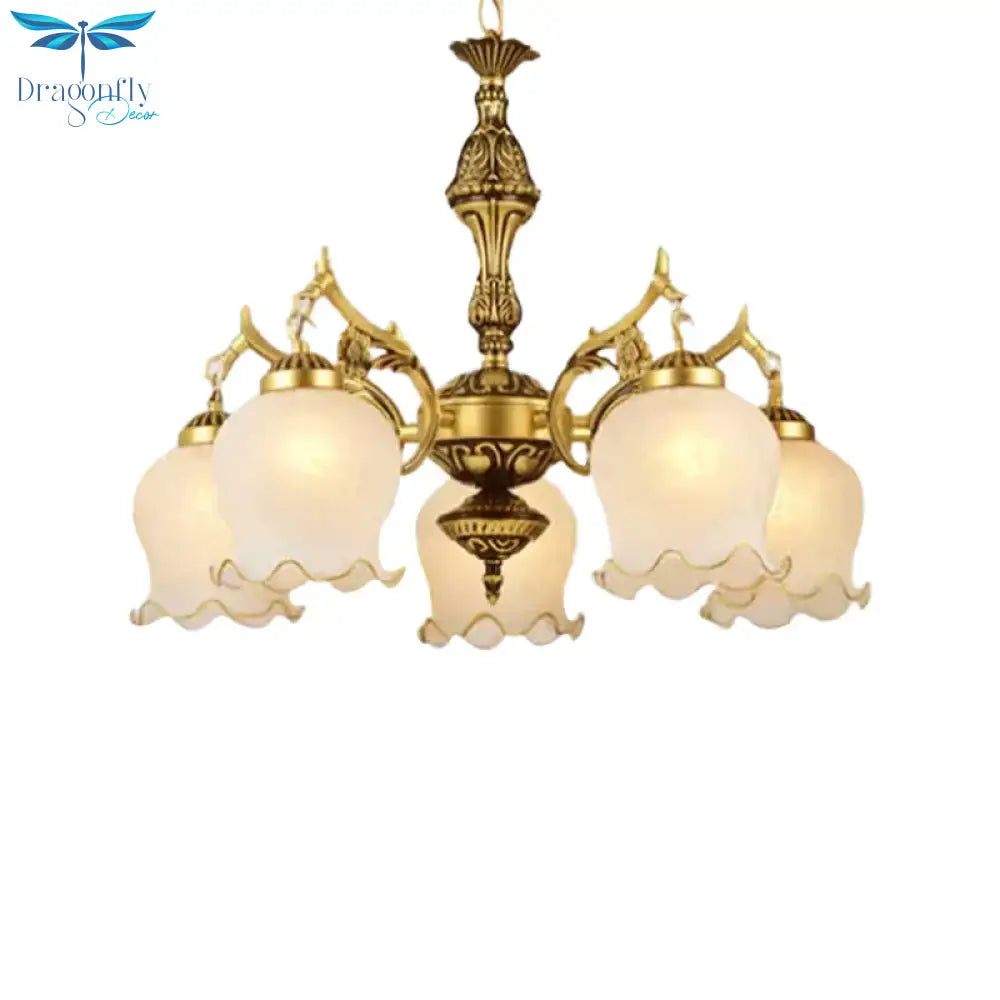 Milky Glass Bronze Suspension Light Semi - Bloom Flower 5 - Light Traditional Chandelier