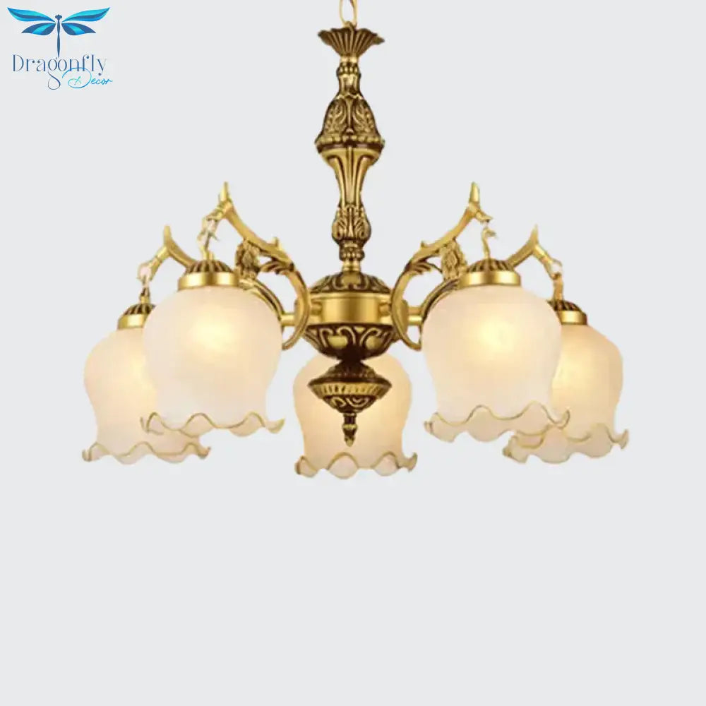 Milky Glass Bronze Suspension Light Semi - Bloom Flower 5 - Light Traditional Chandelier