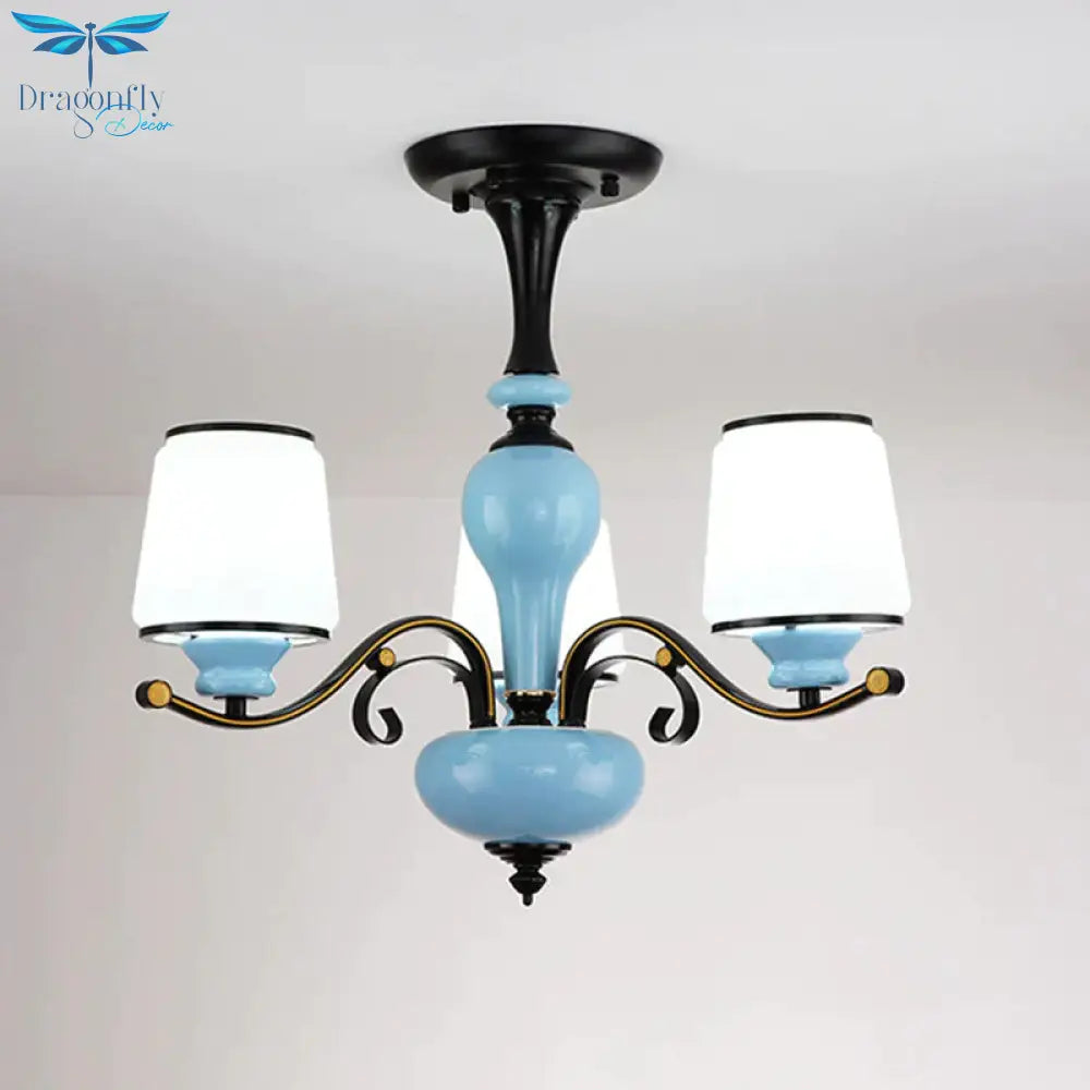 Milky Glass Empire Shade Suspension Pendant Light Countryside Style 3/6/8 - Head Living Room