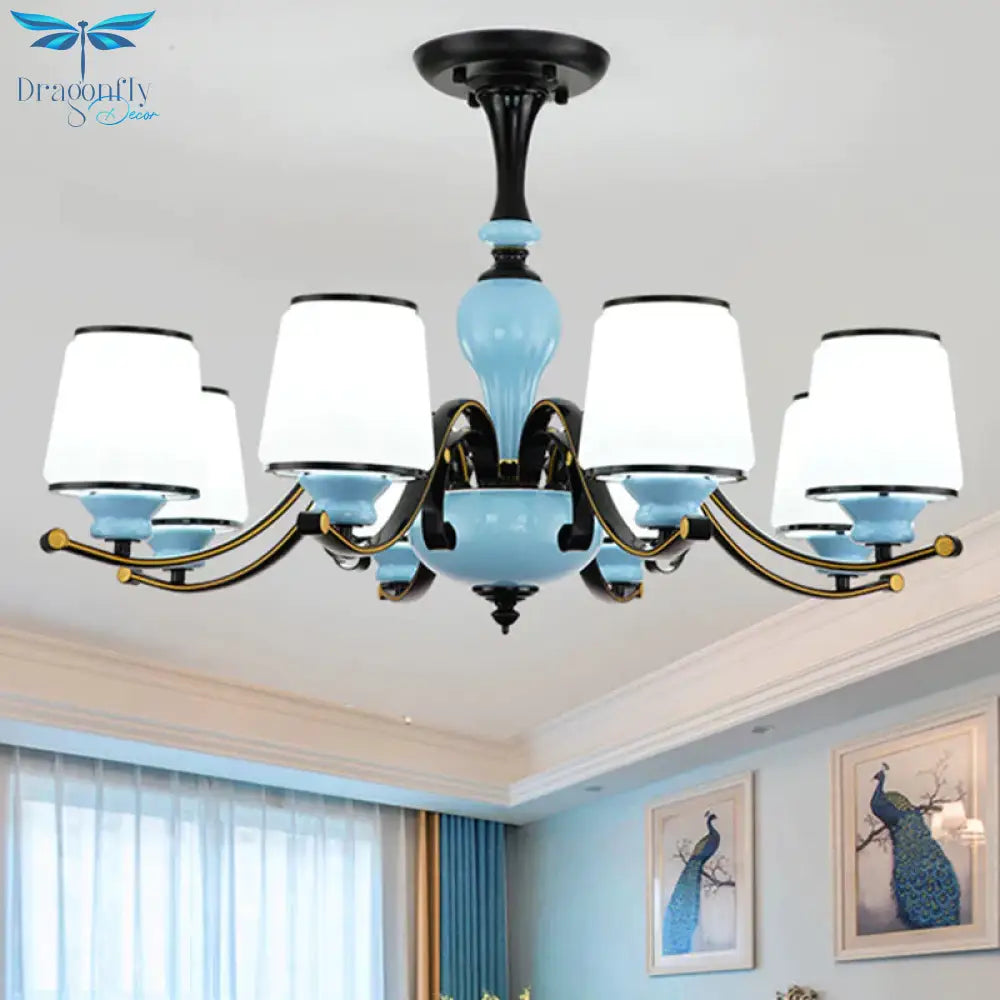 Milky Glass Empire Shade Suspension Pendant Light Countryside Style 3/6/8 - Head Living Room